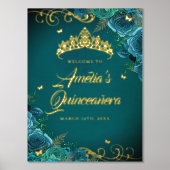 Blauwgroen Swirl Quinceanera Welkomstbord Goud Folie Afdrukken (Voorkant)