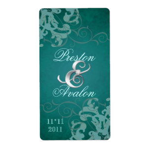 Blauwgroen Swirl Silver Jeweled Wedding Wine Label