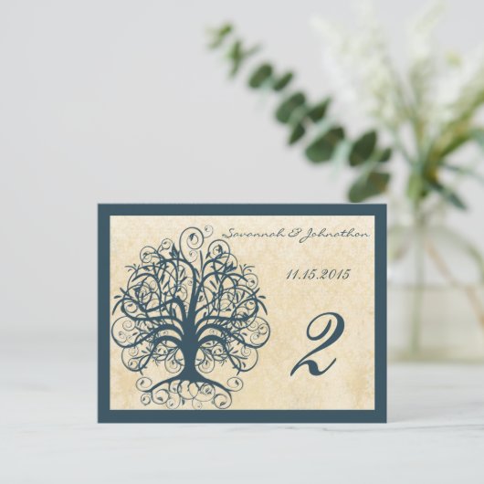 Blauwgroen SWirl Tree Table Number Kards Briefkaart (Staand voorkant)