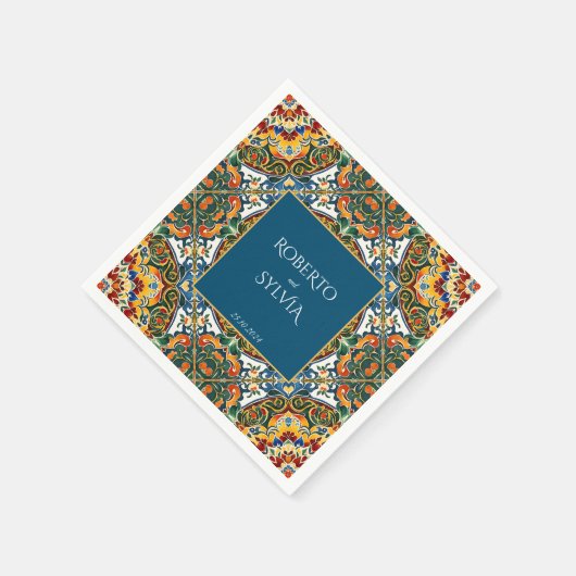 Blauwgroen talavera  Mexicaanse bruiloft monogramm Servet (Hoek)