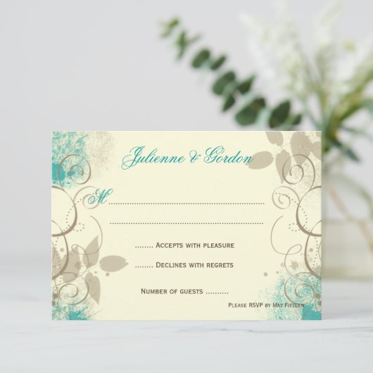 Blauwgroen Tan Grunge Swirls laten responskaarten  RSVP Kaartje (Staand voorkant)