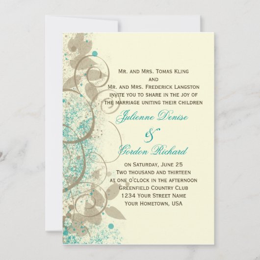 Blauwgroen Tan Grunge Swirls Leaves Wedding Invita Kaart (Voorkant)