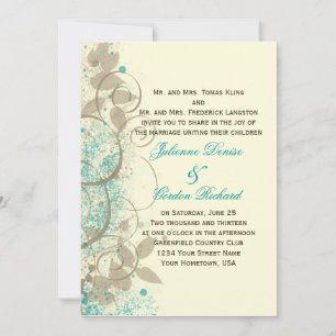 Blauwgroen Tan Grunge Swirls Leaves Wedding Invita Kaart
