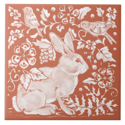 Blauwgroen Tan Rust Rabbit Bird Woodland rechts Tegeltje (Voorkant)