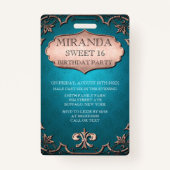  Blauwgroen Tan Scroll Sweet 16 Birthday Party Badge (Voorkant)