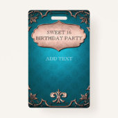  Blauwgroen Tan Scroll Sweet 16 Birthday Party Badge (Achterkant)