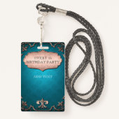  Blauwgroen Tan Scroll Sweet 16 Birthday Party Badge (Achterkant met draagriem)