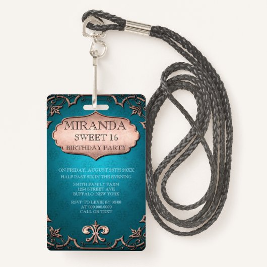  Blauwgroen Tan Scroll Sweet 16 Birthday Party Badge (Voorkant met draagriem)