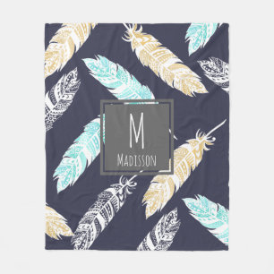 Blauwgroen Tan White Boho Tribal Feathers - gepers Fleece Deken