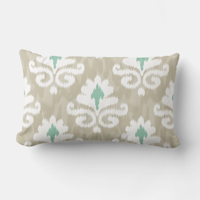 Blauwgroen & Taupe Ikat Turquoise Ethnic Boho Prin Kussen (Voorkant)