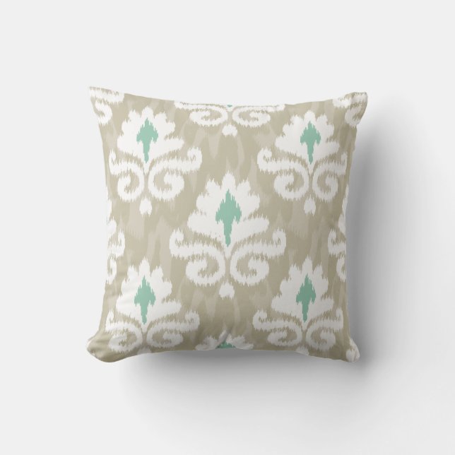 Blauwgroen & Taupe Ikat Turquoise Ethnic Boho Prin Kussen (Voorkant)