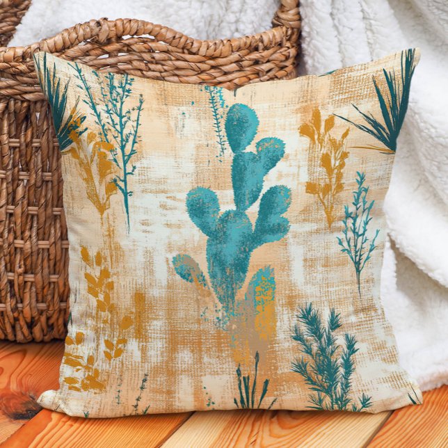 Blauwgroen Taupe Rustieke Boerderij Desert Cactus Kussen (Teal Taupe Rustic Farmhouse Desert Cactus Throw Pillow)
