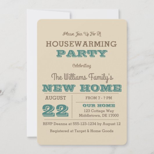 Blauwgroen & Taupe Stripe Housewarming Uitnodiging (Voorkant)