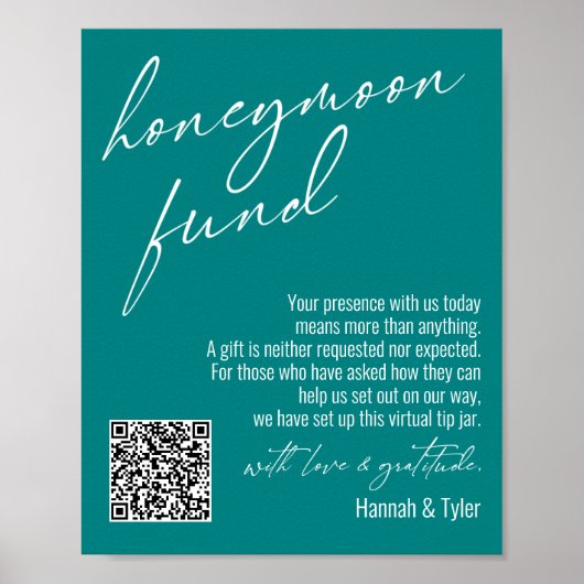Blauwgroen teken van hedendaags Honeymoon Fonds QR Poster (Voorkant)