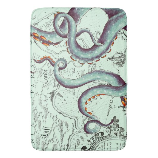 Blauwgroen tentakels op Blauwgroen kaart Badmat (Voorkant Verticaal)