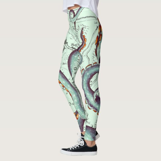 Blauwgroen tentakels op Blauwgroen  kaart Leggings (Links)
