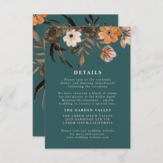 Blauwgroen terracotta bloemenherfst Trouwdetails Informatiekaartje (Voorkant / Achterkant)