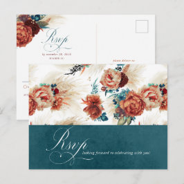 Blauwgroen Terracotta Floral Boho Wedding RSVP Briefkaart