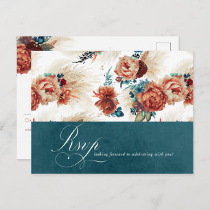 Blauwgroen Terracotta Floral Boho Wedding RSVP Briefkaart