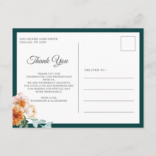 Blauwgroen Terracotta Floral Wedding Photo Dank u Briefkaart (Achterkant)