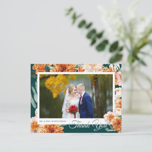 Blauwgroen Terracotta Floral Wedding Photo Dank u Briefkaart (Staand voorkant)