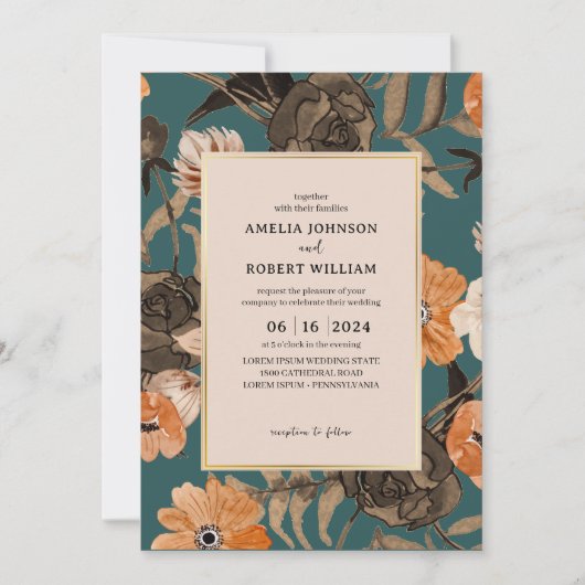 Blauwgroen Terracotta Waterverf Bloemen Herfst Bru Kaart (Voorkant)