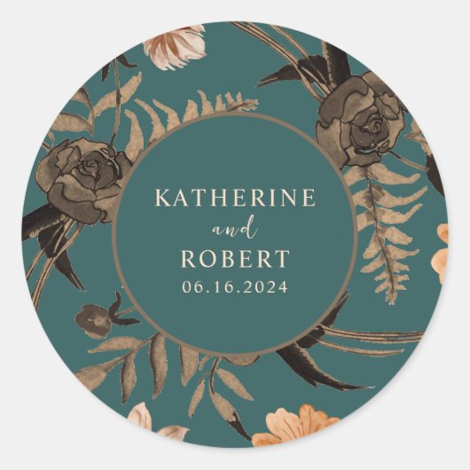 Blauwgroen terracotta waterverf bloemenherfst brui ronde sticker (Voorkant)