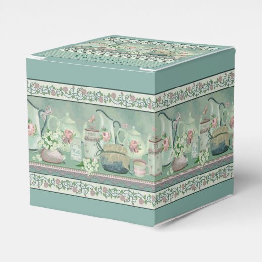 Blauwgroen thee en Rozen kubusdoos Bedankdoosjes (Voorkant Zijde)