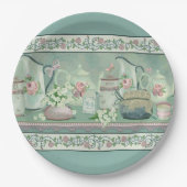 Blauwgroen thee- en Rozen papieren Borden Bordje (Voorkant)