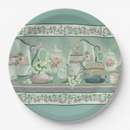  Blauwgroen thee- en Rozen papieren Borden Bordje