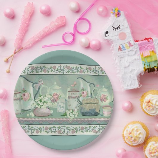  Blauwgroen thee- en Rozen papieren Borden Papieren Bordje (Feest)