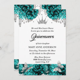 Blauwgroen tiara vlinderblauw roos quinceanera kaart
