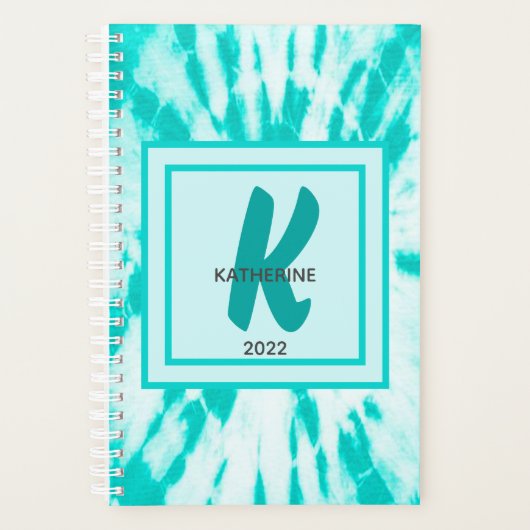 Blauwgroen Tie Dye Monogram en Benoemingboek Planner (Voorkant)