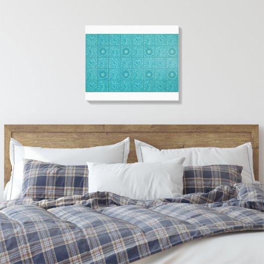 Blauwgroen Tile Pattern (door William Morris) Canvas Afdruk (Insitu (Slaapkamer))