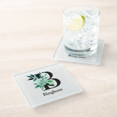 Blauwgroen Tint Floral Monogram Letter B Glazen Onderzetter (Schuin)