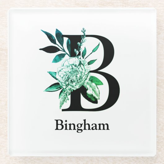 Blauwgroen Tint Floral Monogram Letter B Glazen Onderzetter (Voorkant)