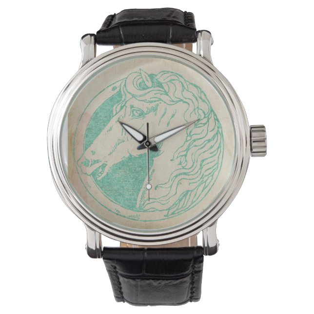  Blauwgroen Tint Horse Cameo Horloge (Voorkant)