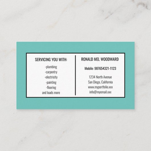 Blauwgroen Tool Handyman Services Visitekaartje (Achterkant)