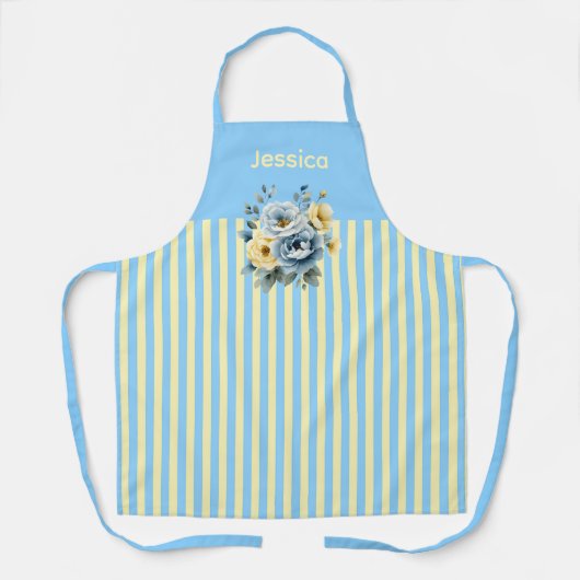Blauwgroen Top met Cream Stripes Bloemen Schort (Voorkant)