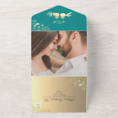 Blauwgroen Tortelduifjes bruiloft All In One Uitnodiging (Buitenkant)