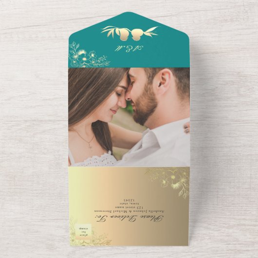Blauwgroen Tortelduifjes bruiloft All In One Uitnodiging (Buitenkant)