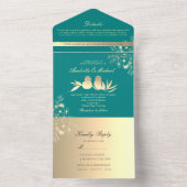 Blauwgroen Tortelduifjes bruiloft All In One Uitnodiging (Binnen)