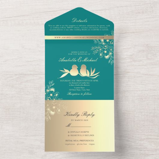 Blauwgroen Tortelduifjes bruiloft All In One Uitnodiging (Binnen)