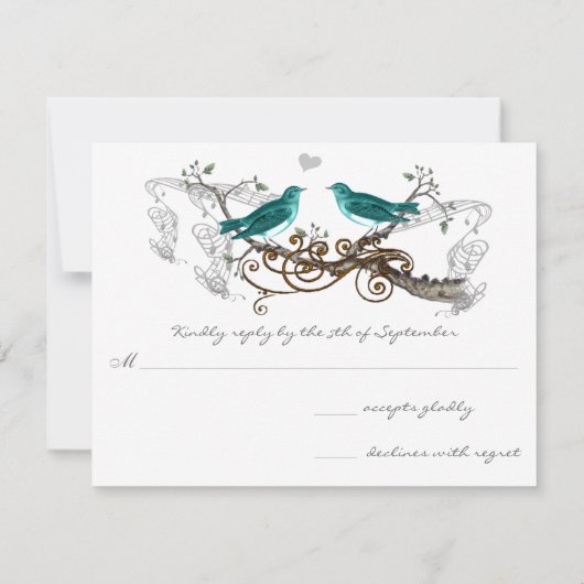 Blauwgroen  Tortelduifjes bruiloft RSVP (Achterkant)