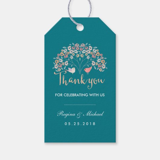 Blauwgroen Tortelduifjes Floral Manuscript Dank u  Cadeaulabel (Voorkant)