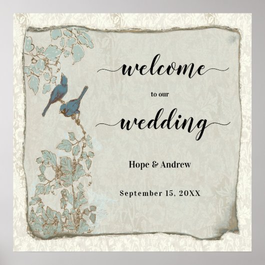 Blauwgroen Tortelduifjes Welkomstteken bruiloft Poster (Voorkant)