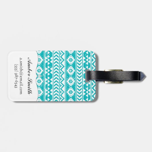 Blauwgroen tribaal patroon Grunge Aztec Bagagelabel (Achterkant horizontaal)