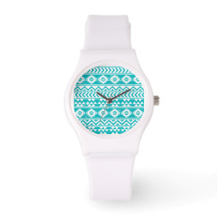Blauwgroen tribaal patroon Grunge Aztec Horloge