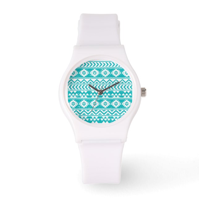 Blauwgroen tribaal patroon Grunge Aztec Horloge (Voorkant)