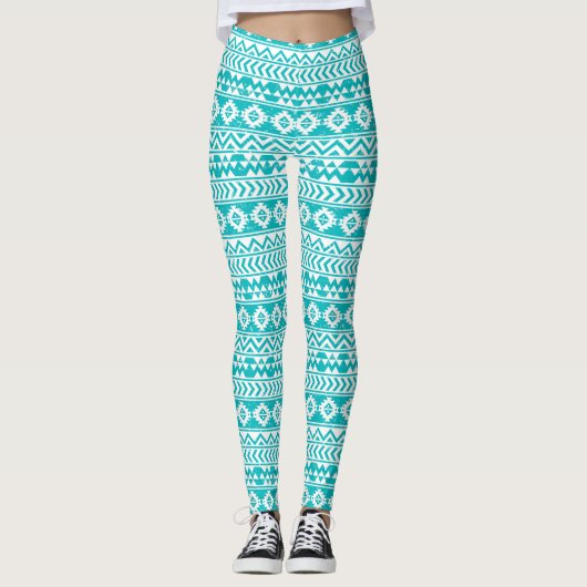 Blauwgroen tribaal patroon Grunge Aztec Leggings (Voorkant)